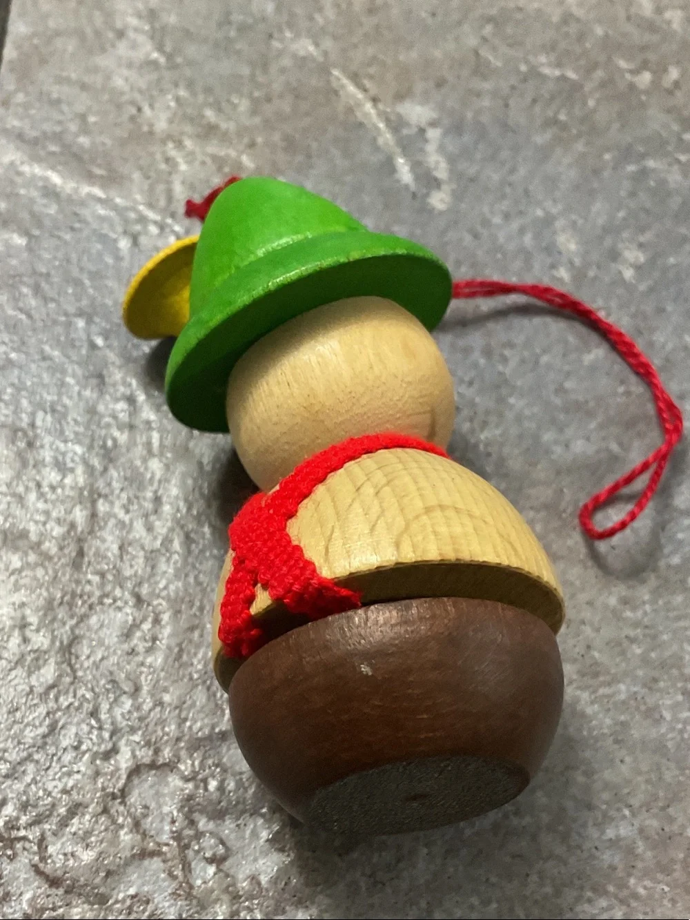 Wooden Clown Bell Toy - Green Hat, Yellow Horn made in Germany or West Germany